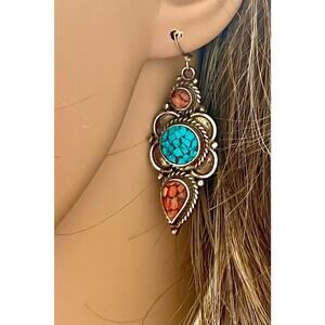 Handmade Sterling Silver Turquoise & Coral  3” Boho  Dangle Earrings |